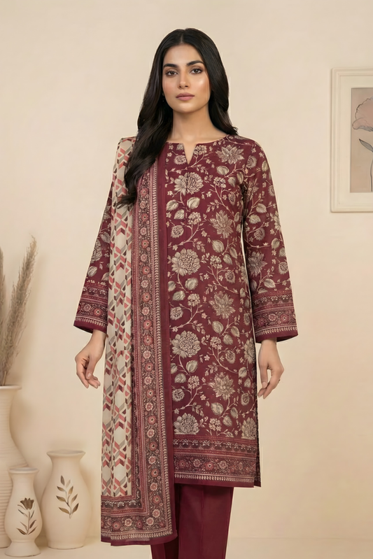3 Pieces - Marooj Unstitched Maroon Transliminor Magic Print Lawn Suit