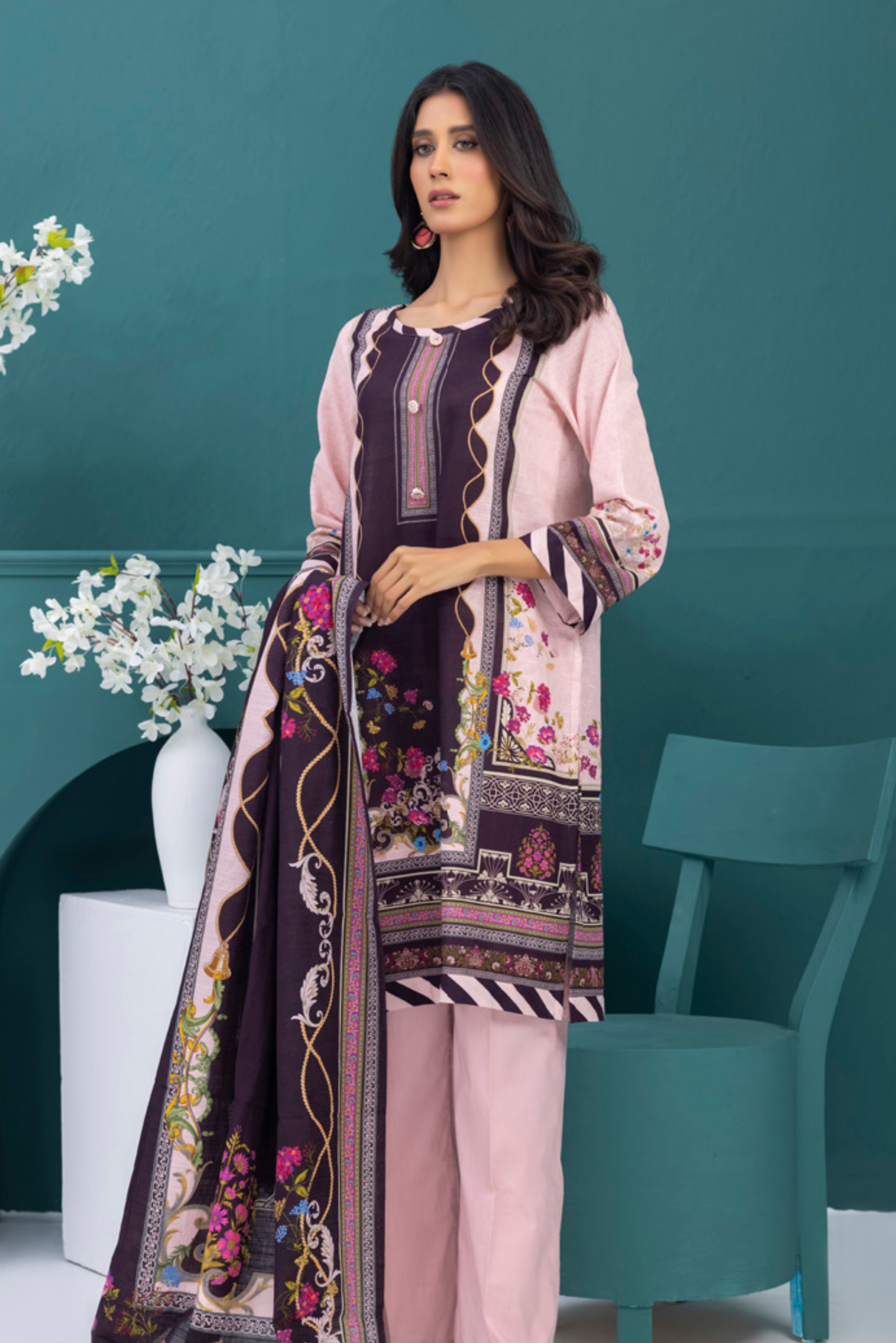 3 Pieces - Regalia Stitched Baby Pink Printed Khaddar Suit