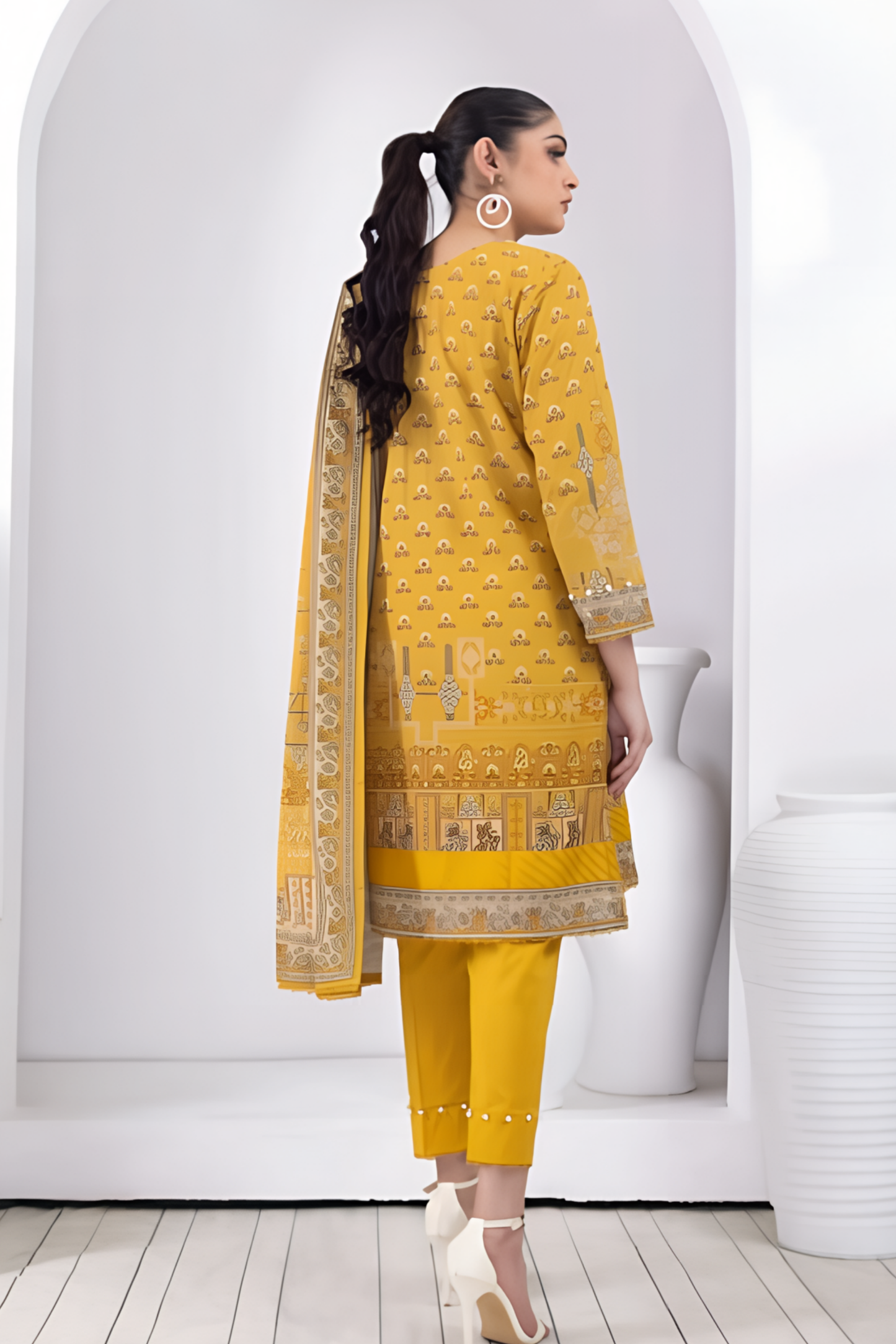 3 Pieces - Regalia Stitched Mustard Printed Khaddar Suit