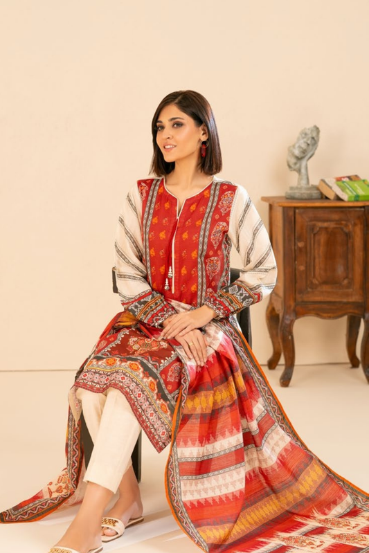 3 Pieces - GulAhmed Unstitched Red Printed Khaddar Suit