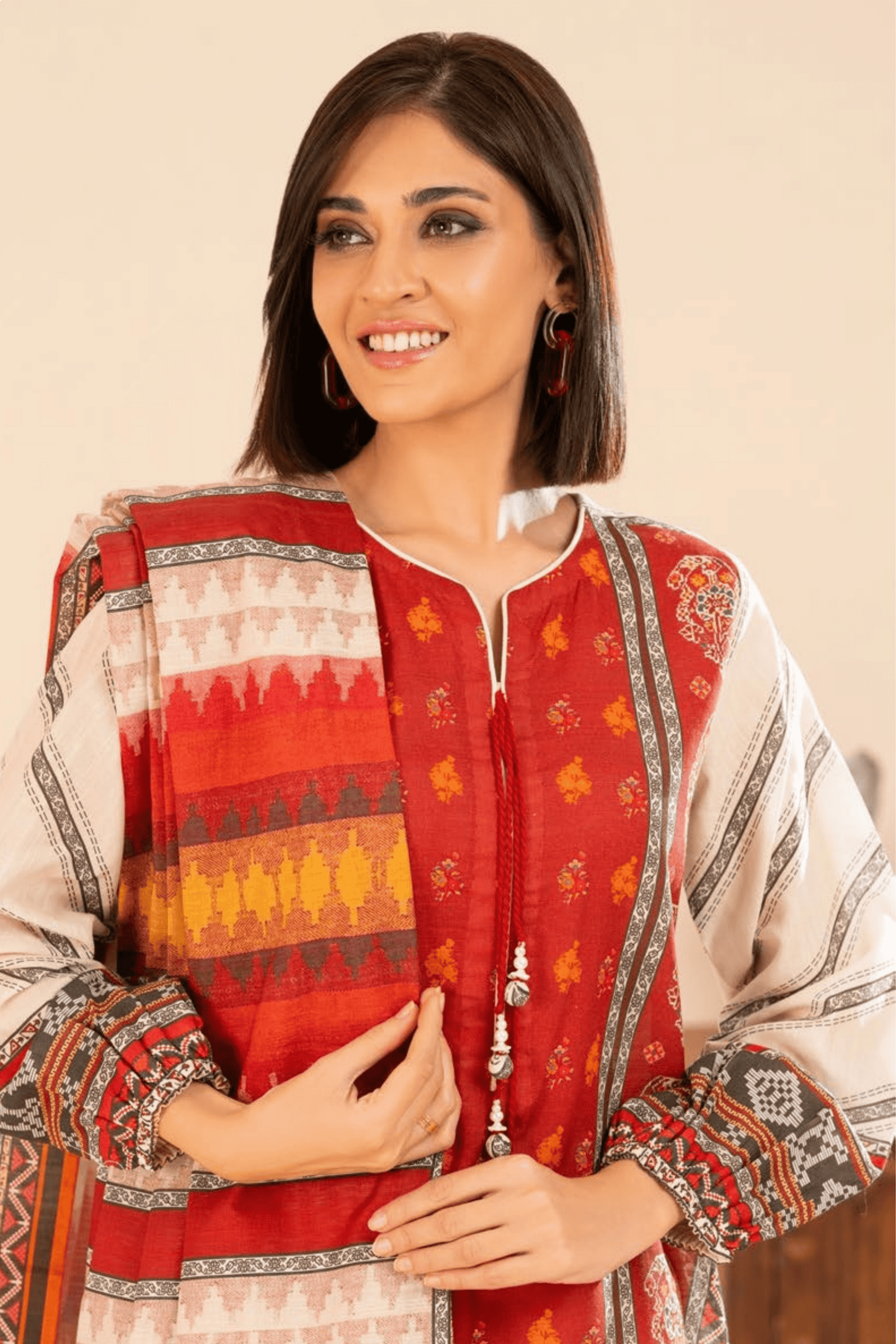 3 Pieces - GulAhmed Unstitched Red Printed Khaddar Suit