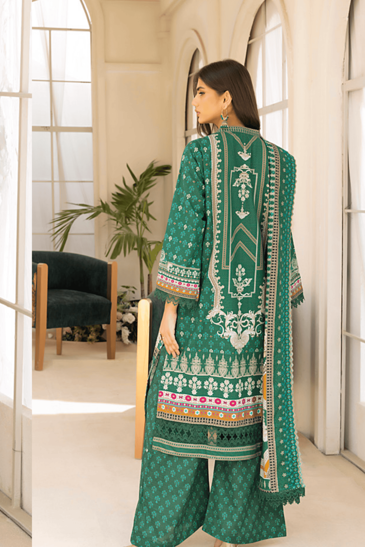 3 Pieces - Regalia Stitched Green Embroidered Khaddar Suit