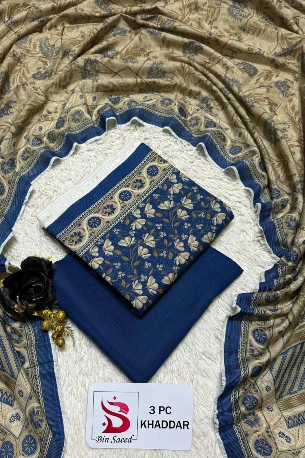 3 Pieces - Bin Saeed Unstitched Blue Ladies Printed Khaddar Suit