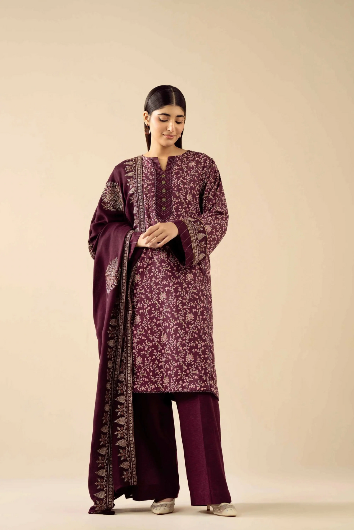 3 Pieces - Nishat Unstitched Maron Ladies Khaddar Suit