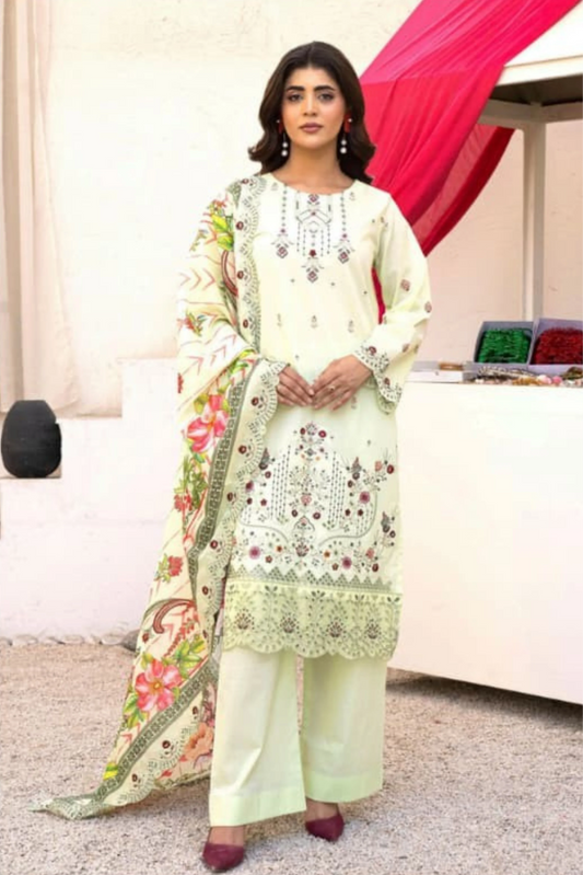 3 Piece - Gold Unstitched Cream Embroidered Lawn Suit