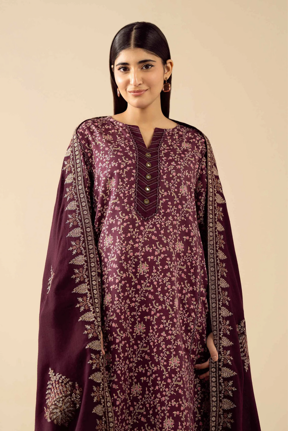 3 Pieces - Nishat Unstitched Maron Ladies Khaddar Suit