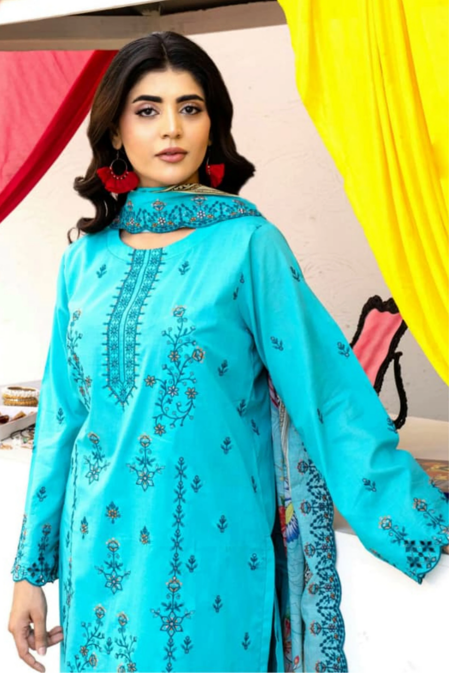 3 Piece - Gold Unstitched Ferozi Embroidered Lawn Suit