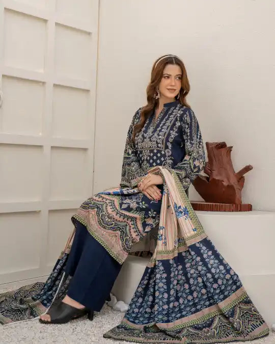 3 Pieces - Marooj Unstitched Dark Blue BanaDora Linen Suit