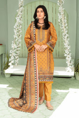 3 Pieces - Aizal Unstitched Mustard Printed Shamray Linen Suit