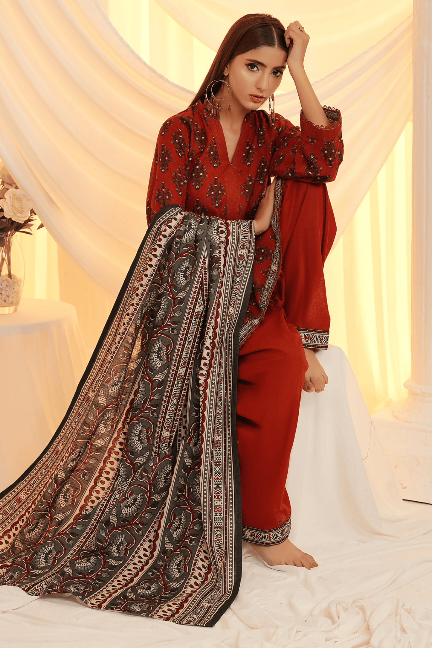 3 Pieces - Regalia Unstitched Red Printed Khaddar Suit