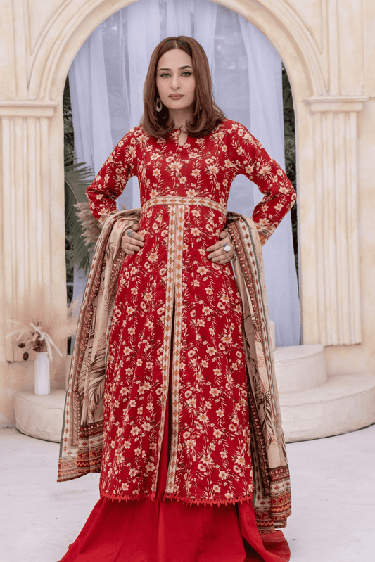 3 Pieces - Janan Unstitched Red Printed Lawn Suit