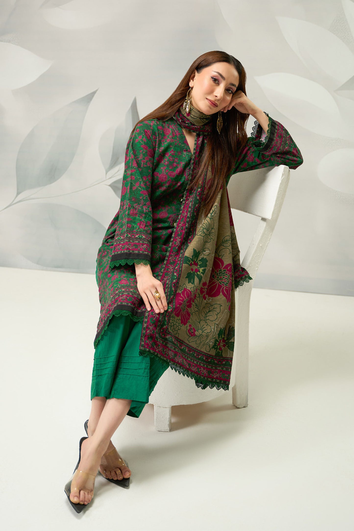 3 Pieces - Regalia Unstitched Green Printed Khaddar Suit