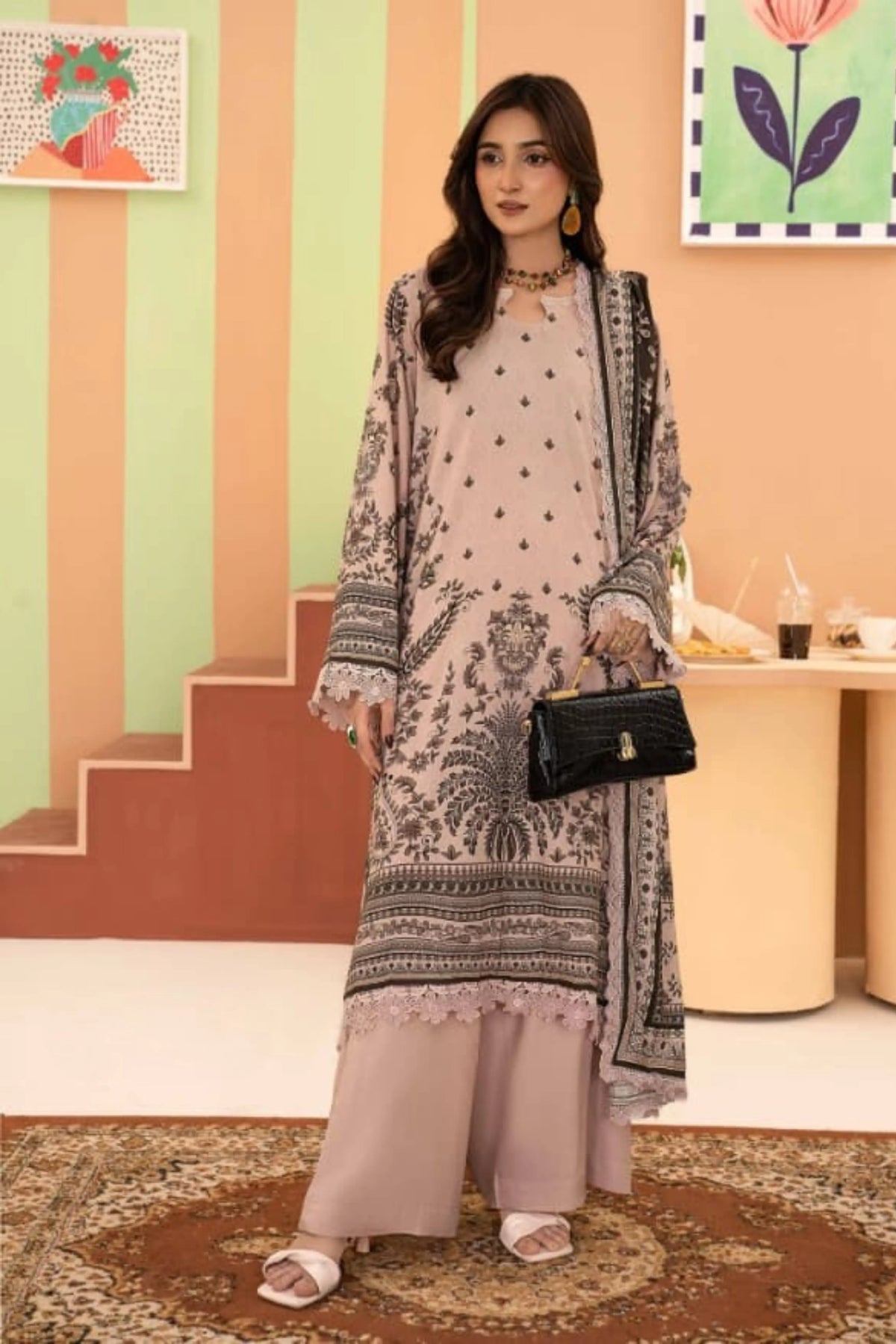 3 Pieces - Raabi  Unstitched Skin Printed Ladies Linen Suit