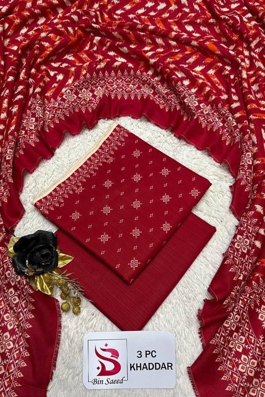 3 Pieces - Bin Saeed Unstitched Red Ladies Printed Khaddar Suit