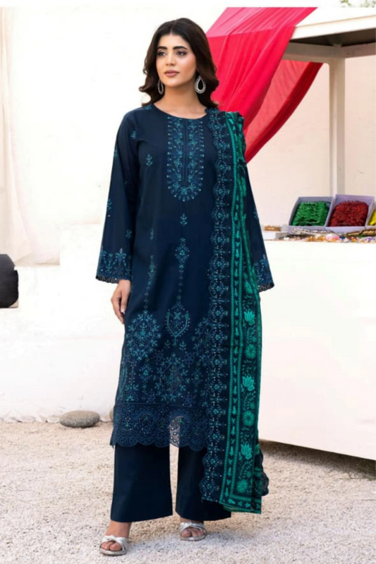 3 Piece - Gold Unstitched Blue Embroidered Lawn Suit