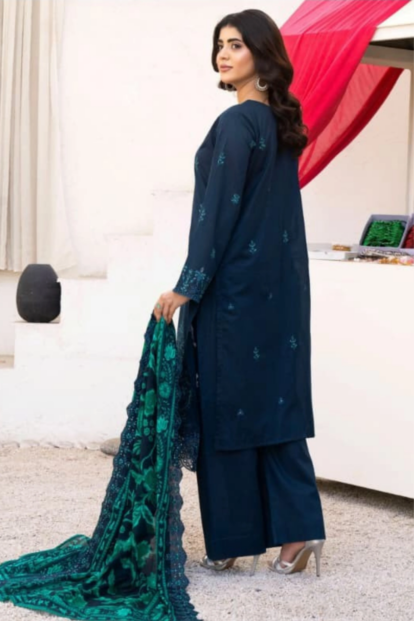 3 Piece - Gold Unstitched Blue Embroidered Lawn Suit