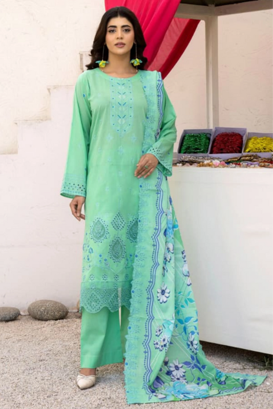 3 Piece - Gold Unstitched Mint Green Embroidered Lawn Suit