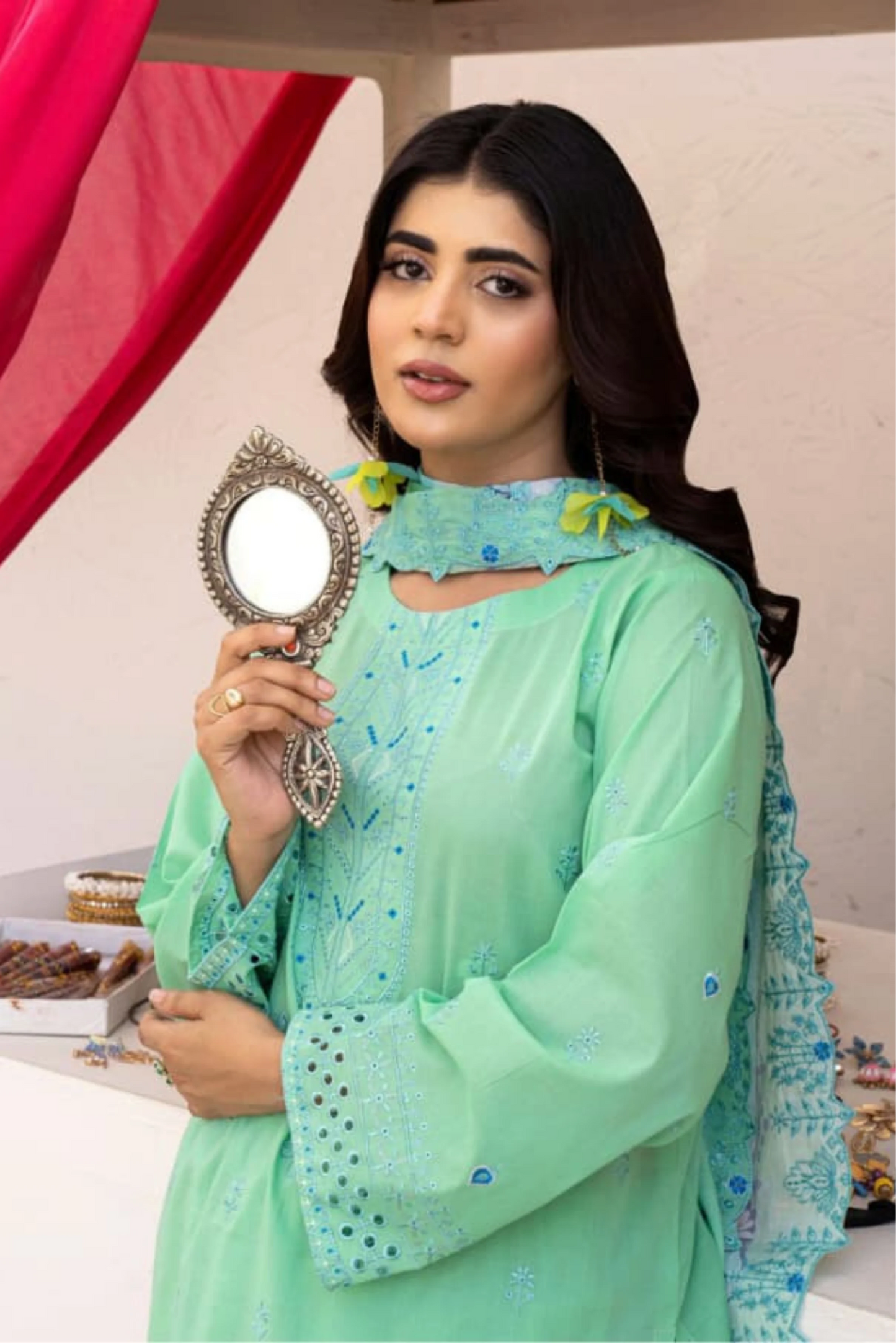 3 Piece - Gold Unstitched Mint Green Embroidered Lawn Suit