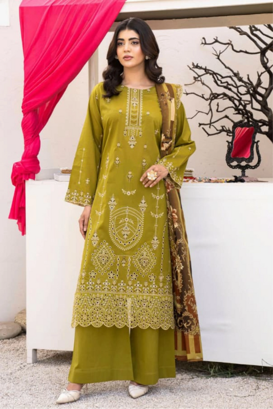 3 Piece - Gold Unstitched Mehndi Embroidered Lawn Suit