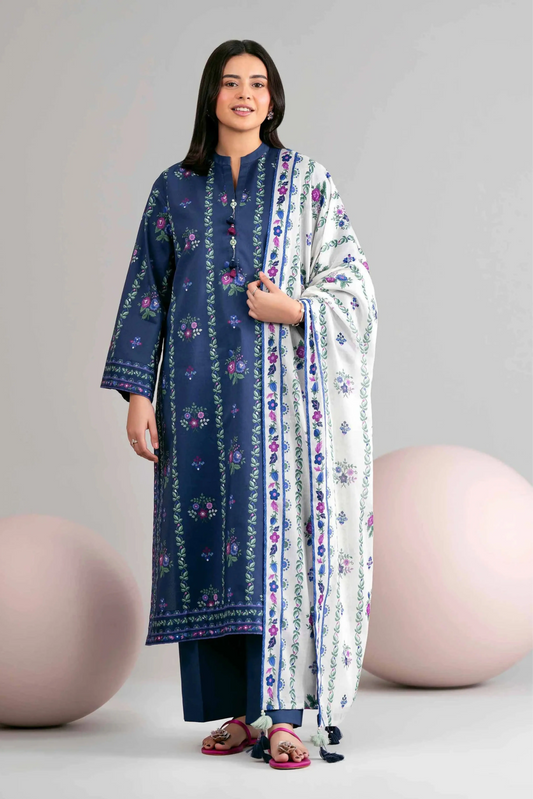 3 Pieces - Nishat Unstitched Blue Ladies Khaddar Suit