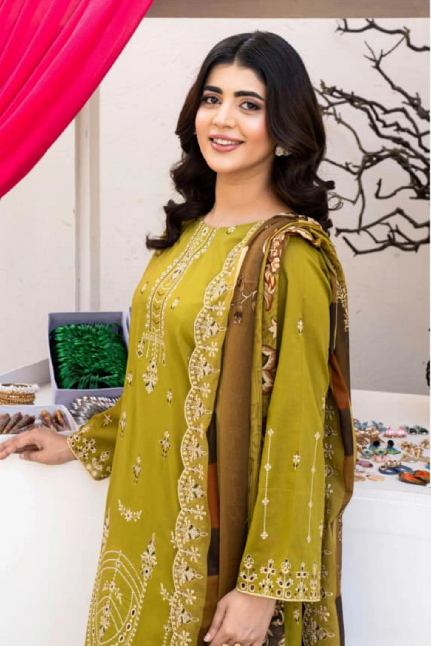 3 Piece - Gold Unstitched Mehndi Embroidered Lawn Suit