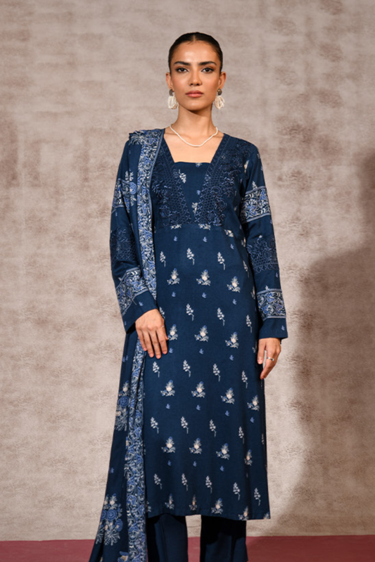 3 Pieces - Nishat Unstitched Navy Blue Printed Linen Suit