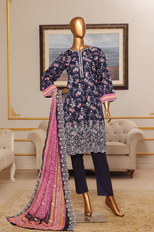 3 Pieces - Riwayat Unstitched Dark Purple Embroided Lawn with Cutwork Chiffon Dupatta Suit