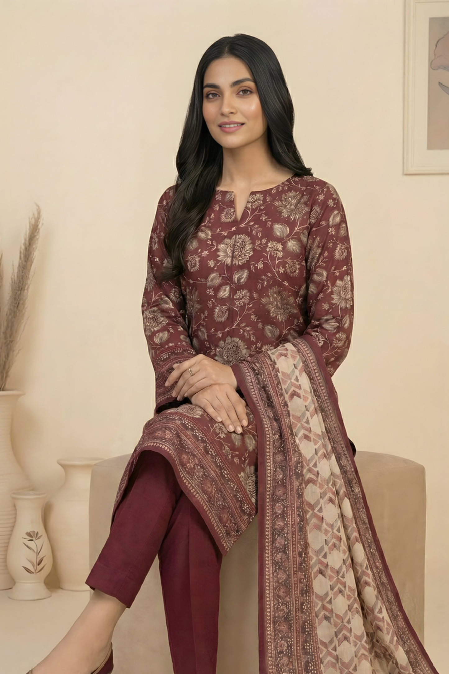 3 Pieces - Marooj Unstitched Maroon Transliminor Magic Print Lawn Suit