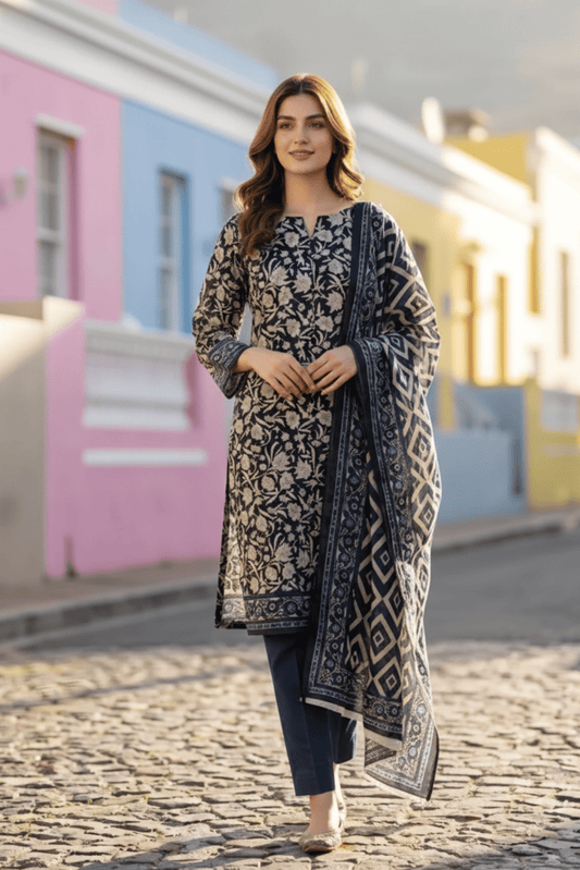 3 Pieces - Sohni Dharti Unstitched Navy Blue Transliminar Magic Print Lawn Suit