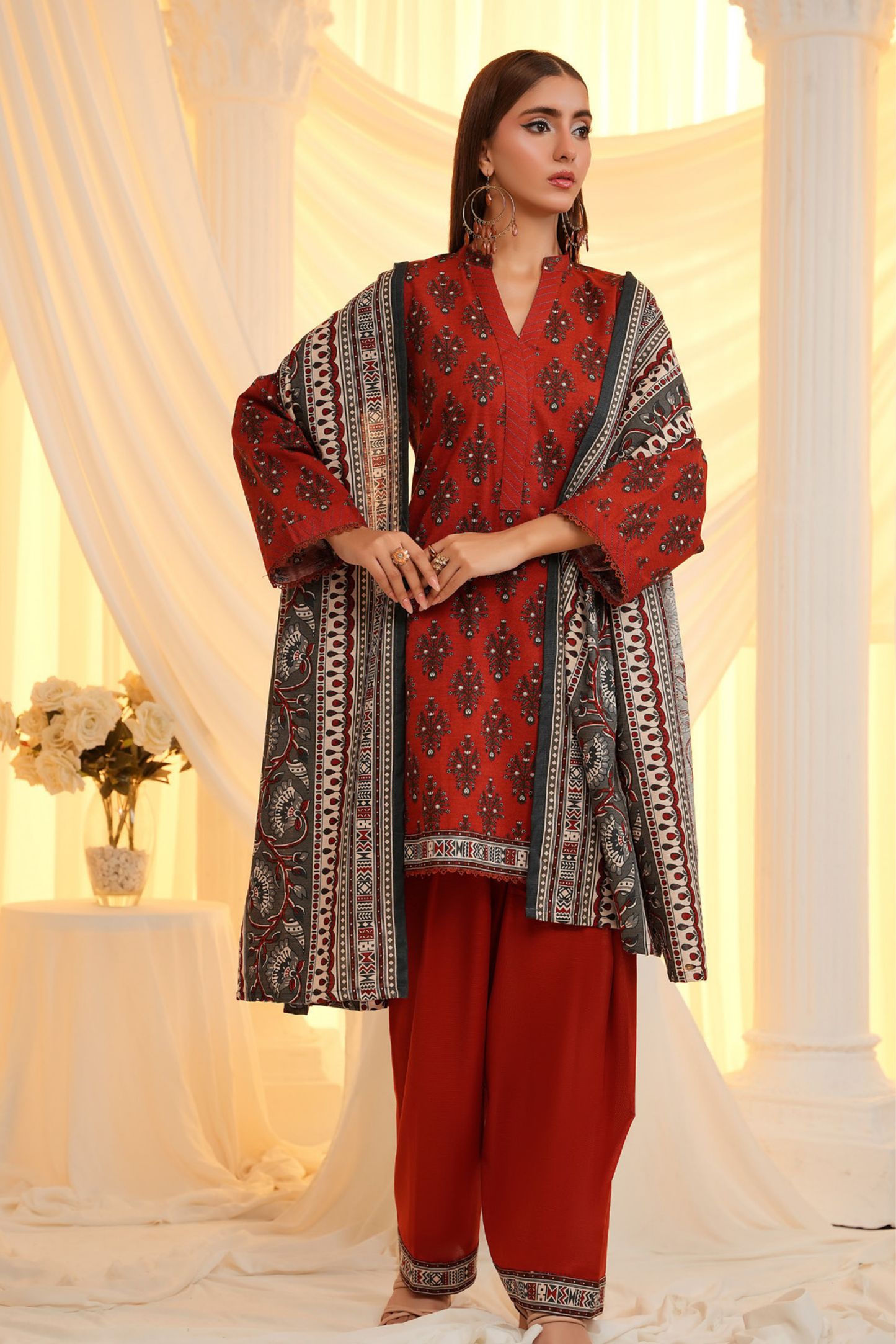 3 Pieces - Regalia Unstitched Red Printed Khaddar Suit