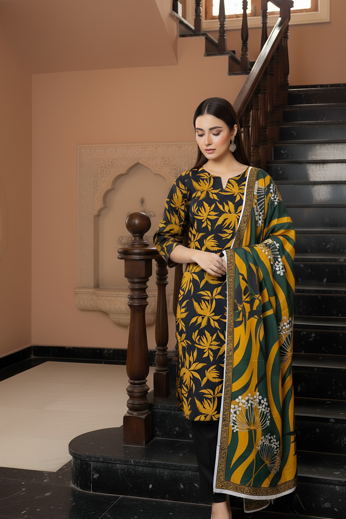 3 Pieces - Marooj Unstitched Black Printed Khaddar Suit