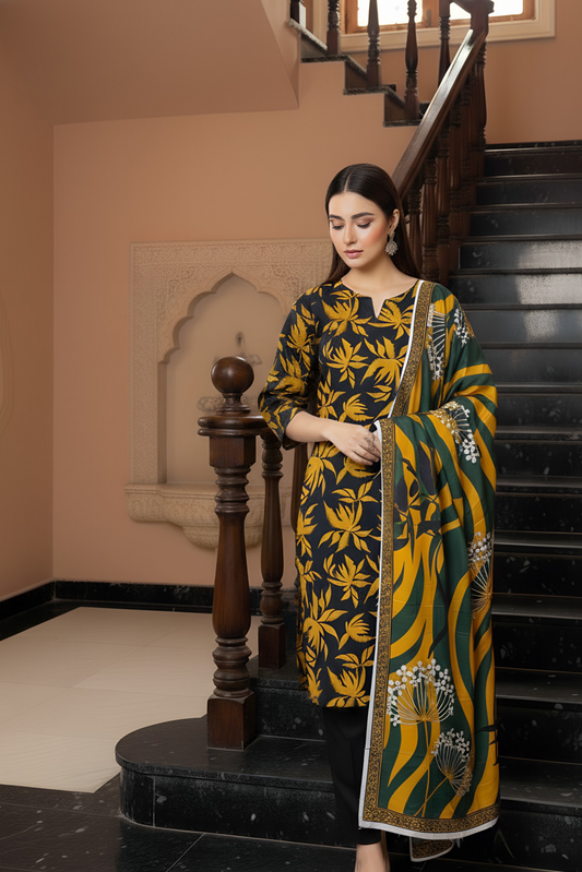 3 Pieces - Marooj Unstitched Black Printed Khaddar Suit