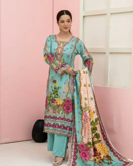 3 Pieces - Marooj Unstitched Sky Blue BanaDora Linen Suit
