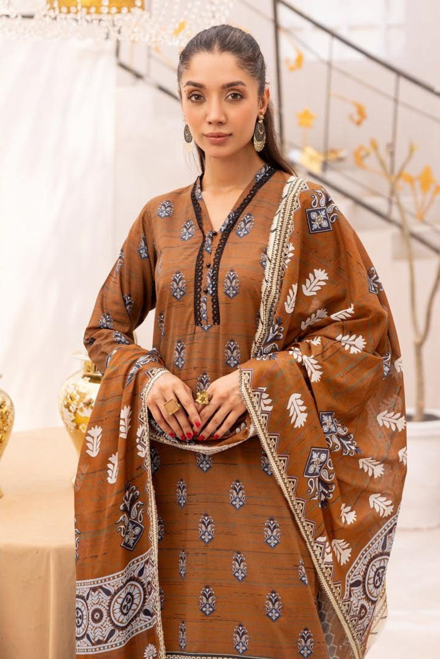 3 Pieces - Haya By Legends Unstitched Dark Brown Printed Lawn Suit