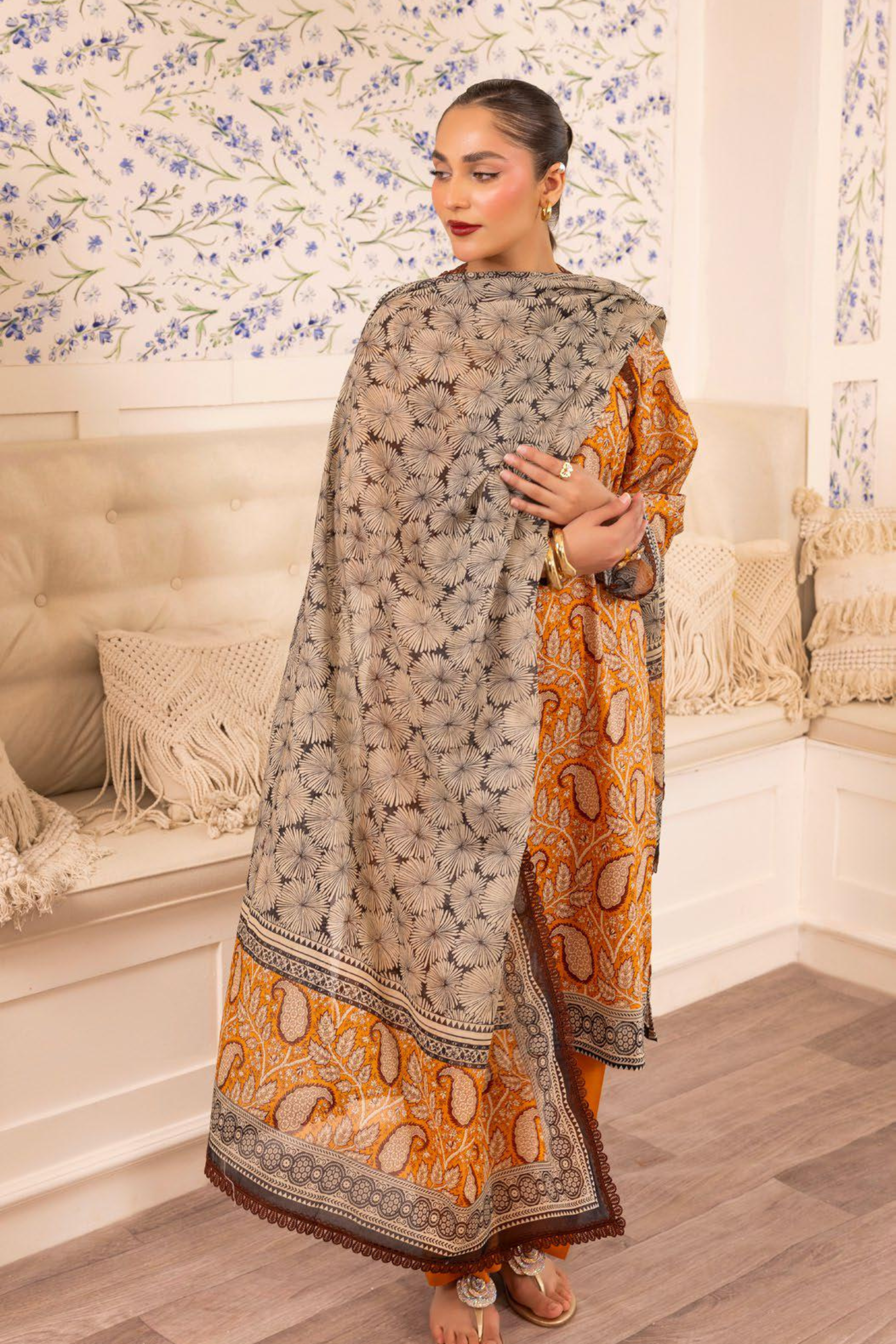 3 Pieces - GulAhmad Unstitched Mustard Yellow Printed Lawn Suit