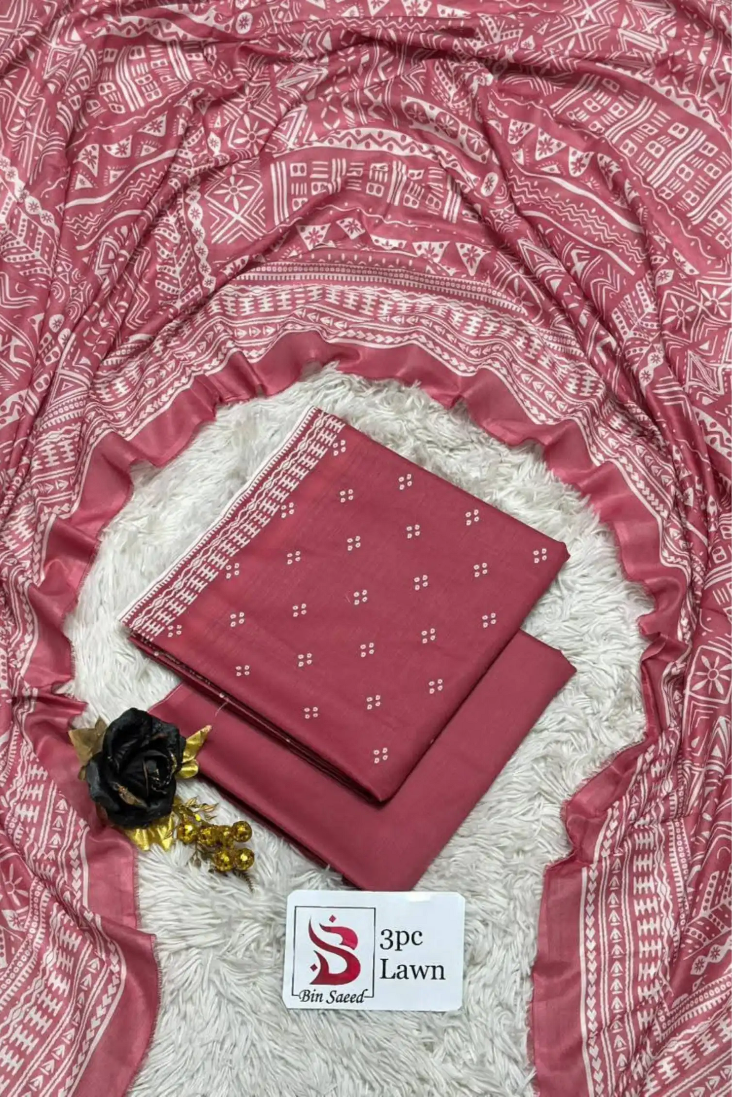 3 Pieces - Bin Saeed Unstitched Pink Ladies Lawn Suit