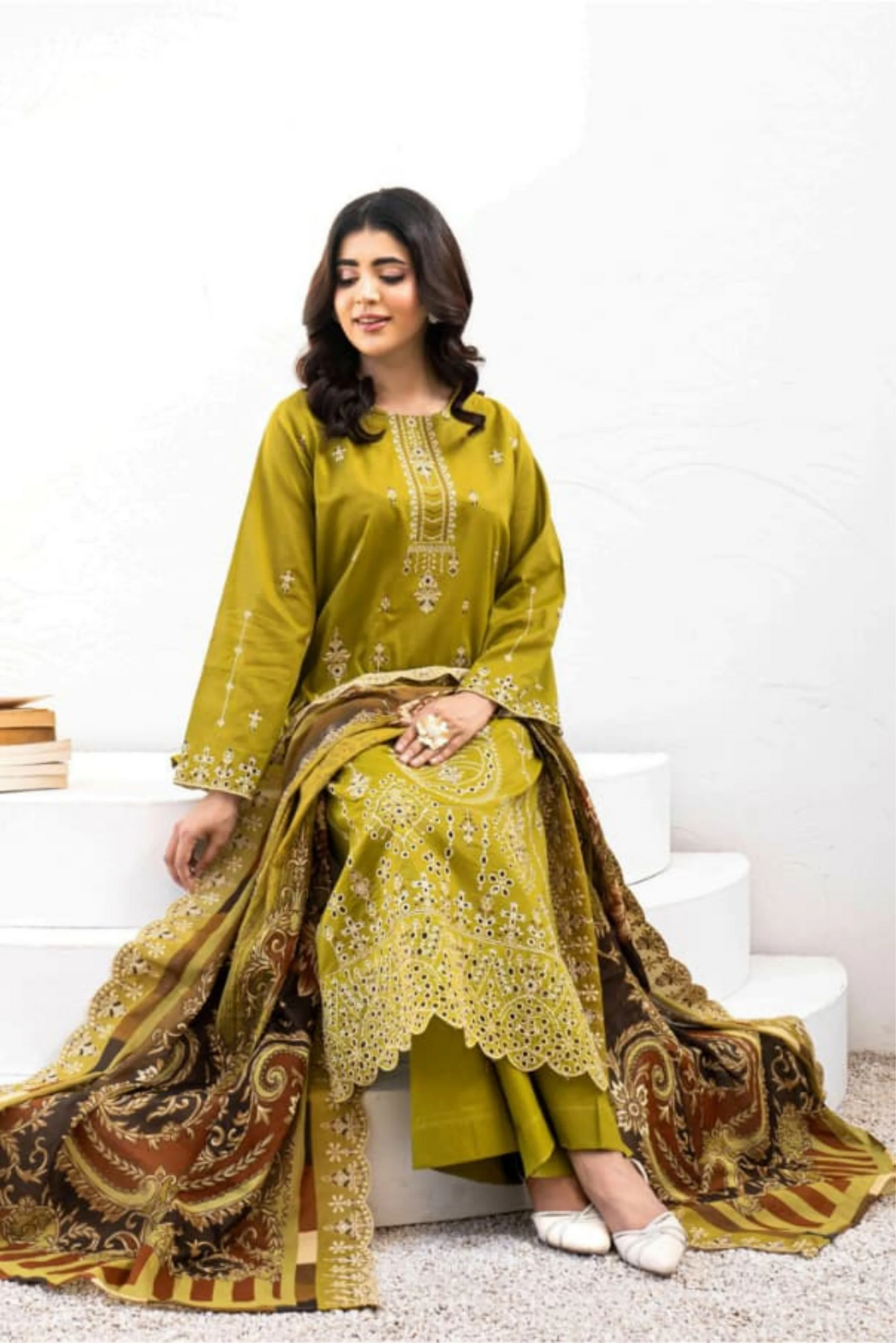 3 Piece - Gold Unstitched Mehndi Embroidered Lawn Suit