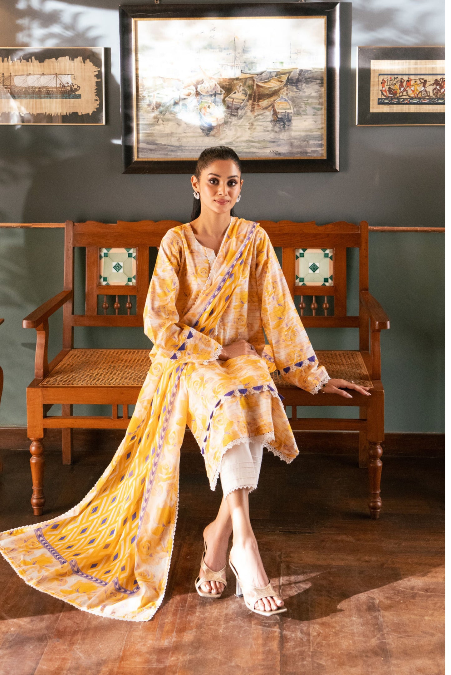 3 Pieces - Regalia Unstitched Mustard Bana Dora Lawn Suit