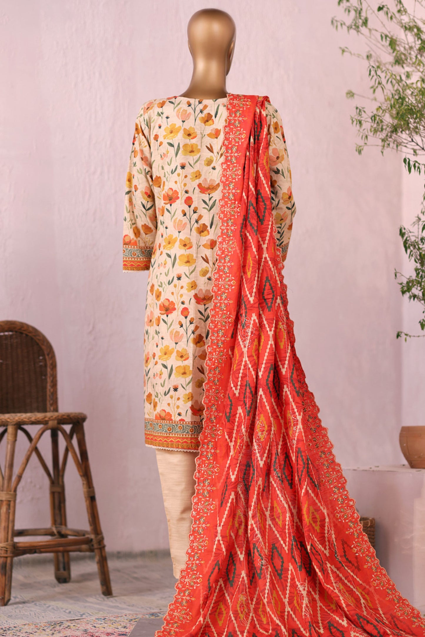 3 Pieces - Riwayat Unstitched Skin Embroidered Dupatta & Embroidered Shirt Suit