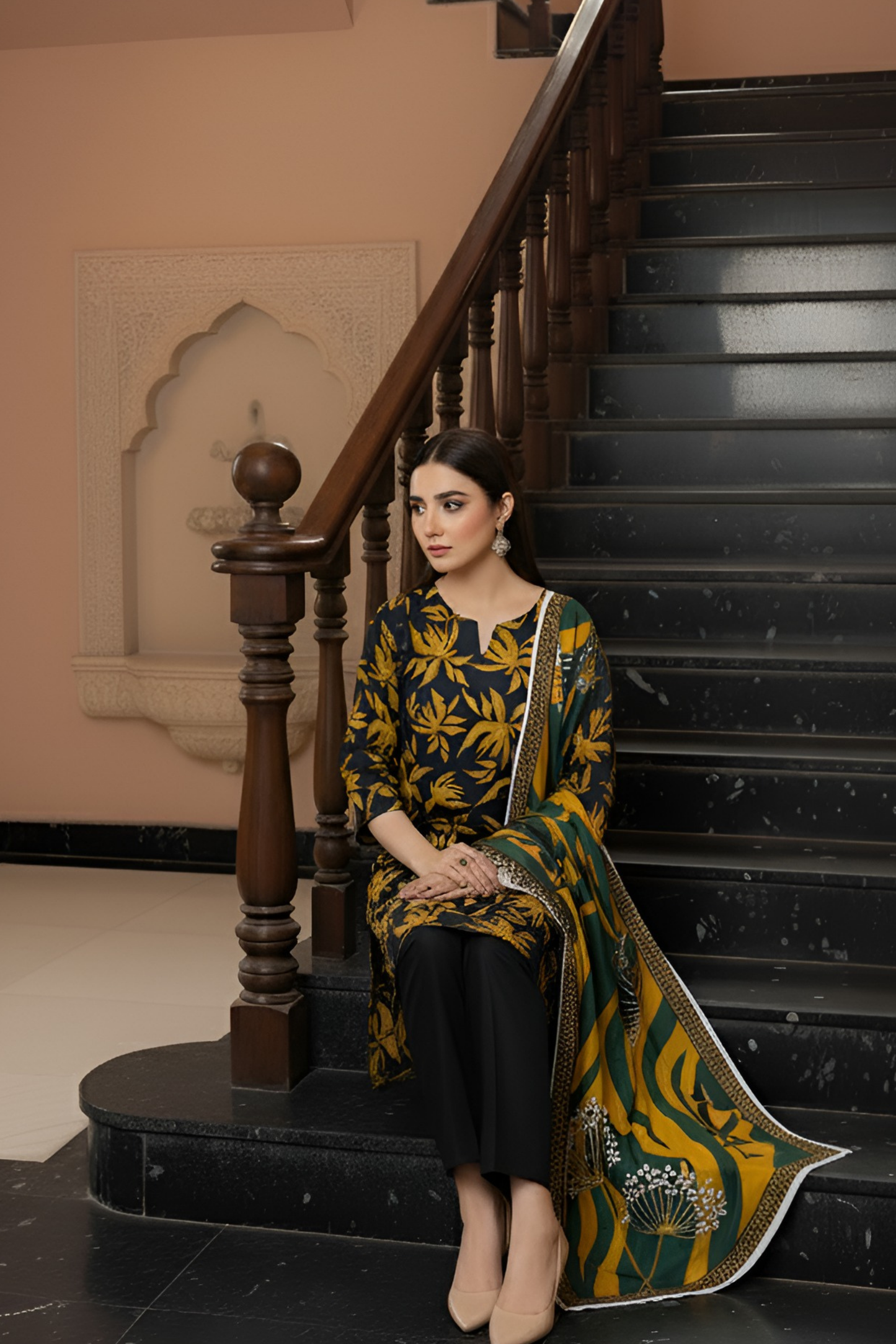 3 Pieces - Marooj Unstitched Black Printed Khaddar Suit