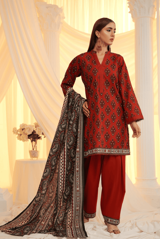 3 Pieces - Regalia Unstitched Red Printed Khaddar Suit