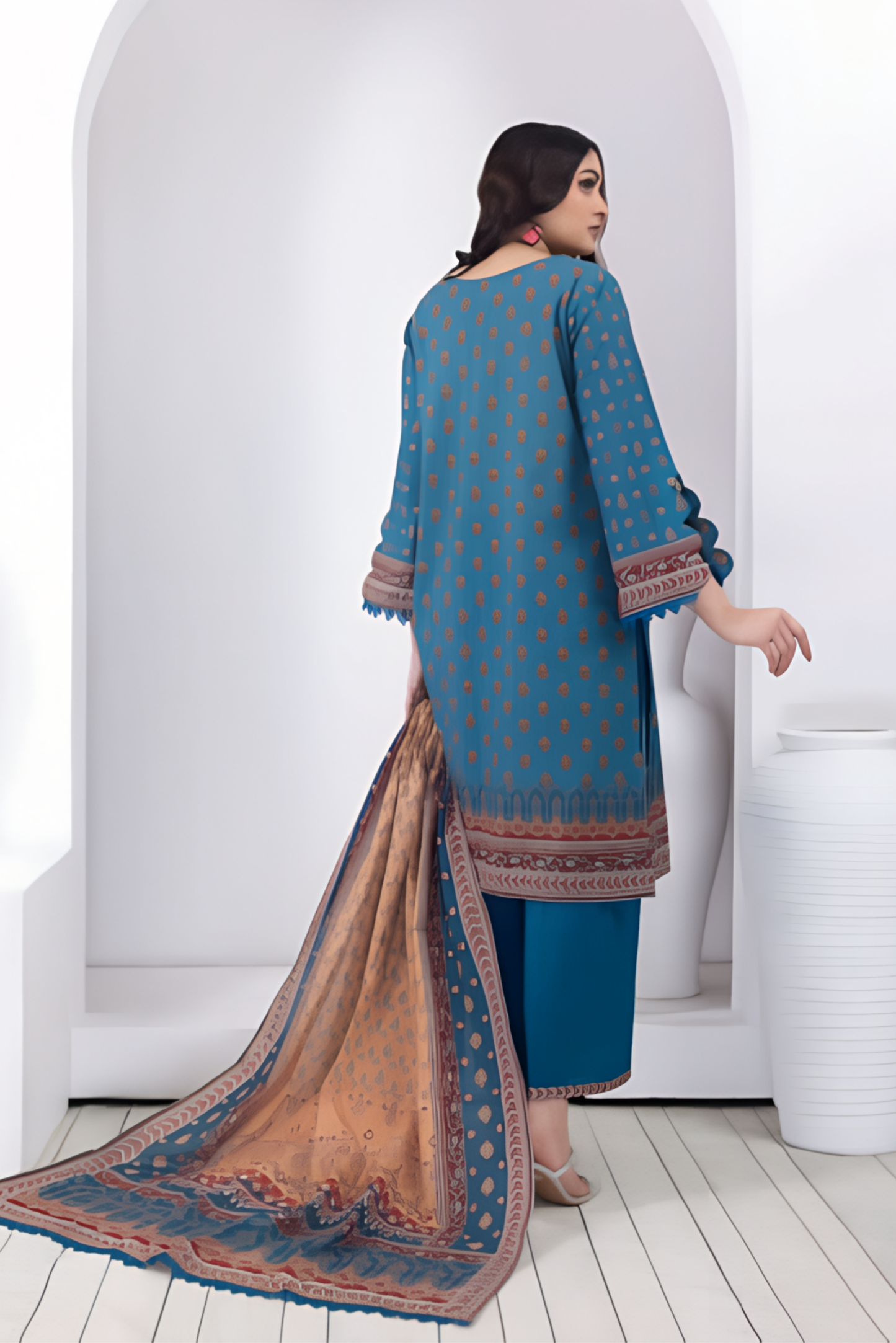 3 Pieces - Regalia Stitched Dusty Blue Printed Khaddar Suit