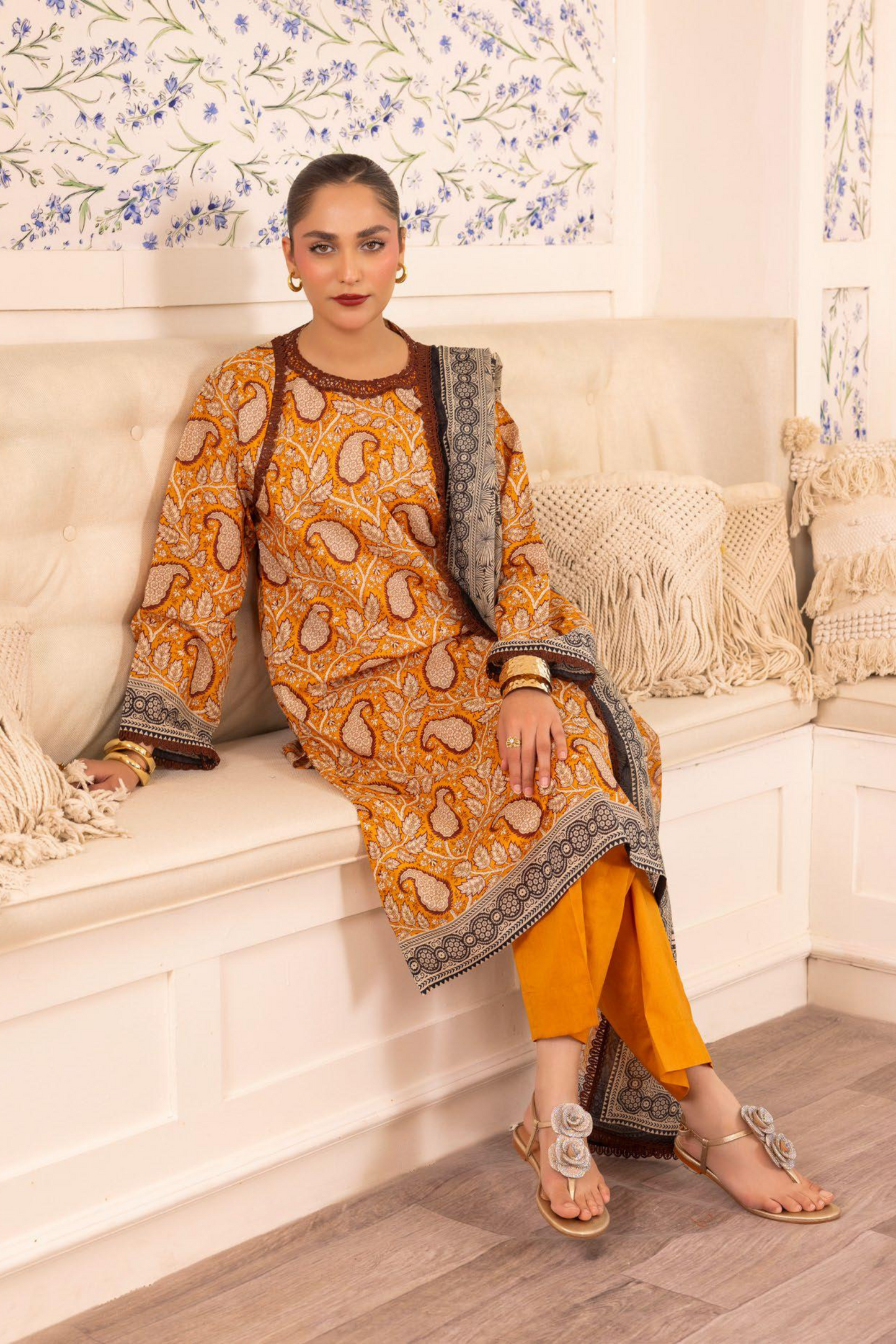 3 Pieces - GulAhmad Unstitched Mustard Yellow Printed Lawn Suit