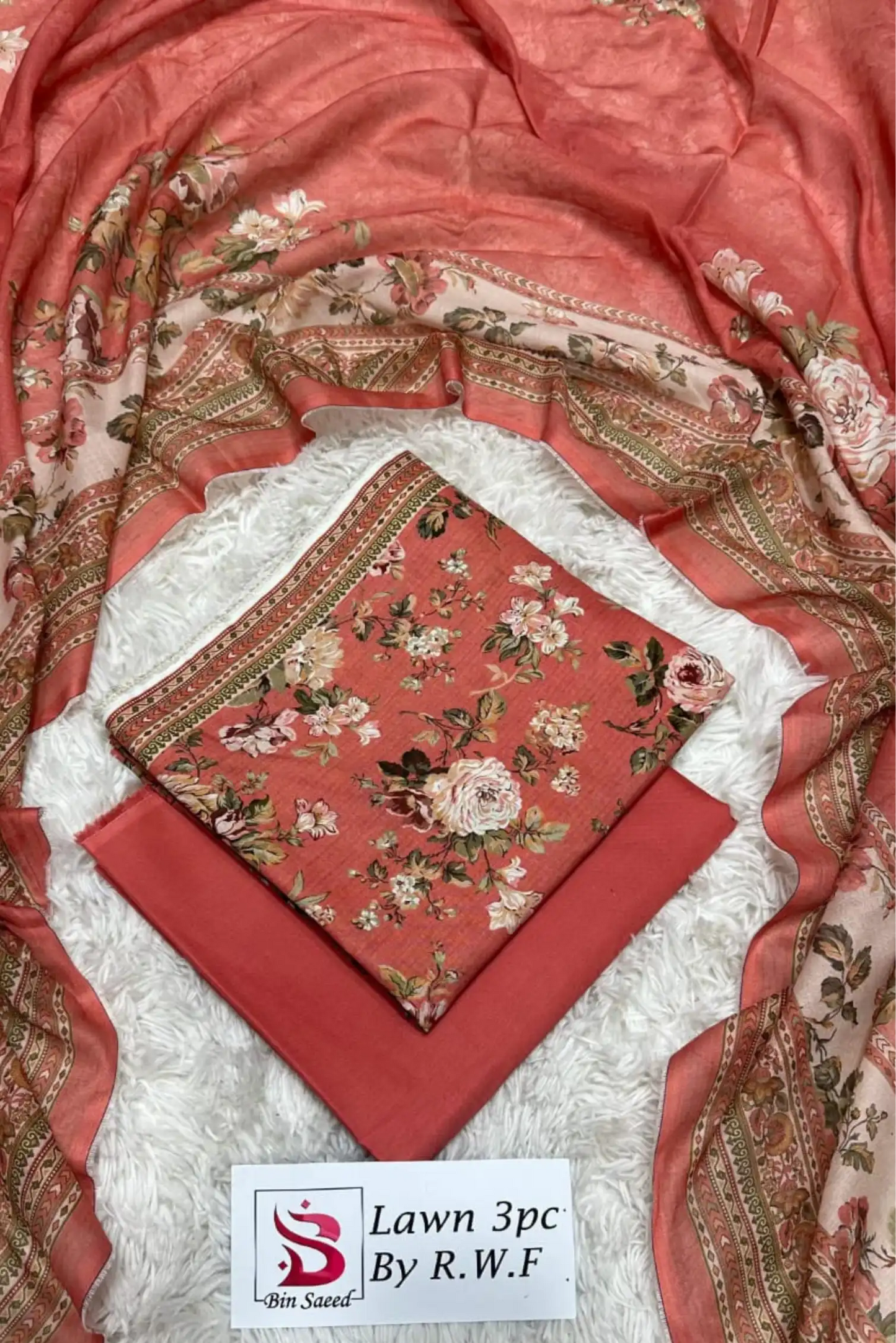 3 Pieces - Bin Saeed Unstitched Peach Ladies Lawn Suit