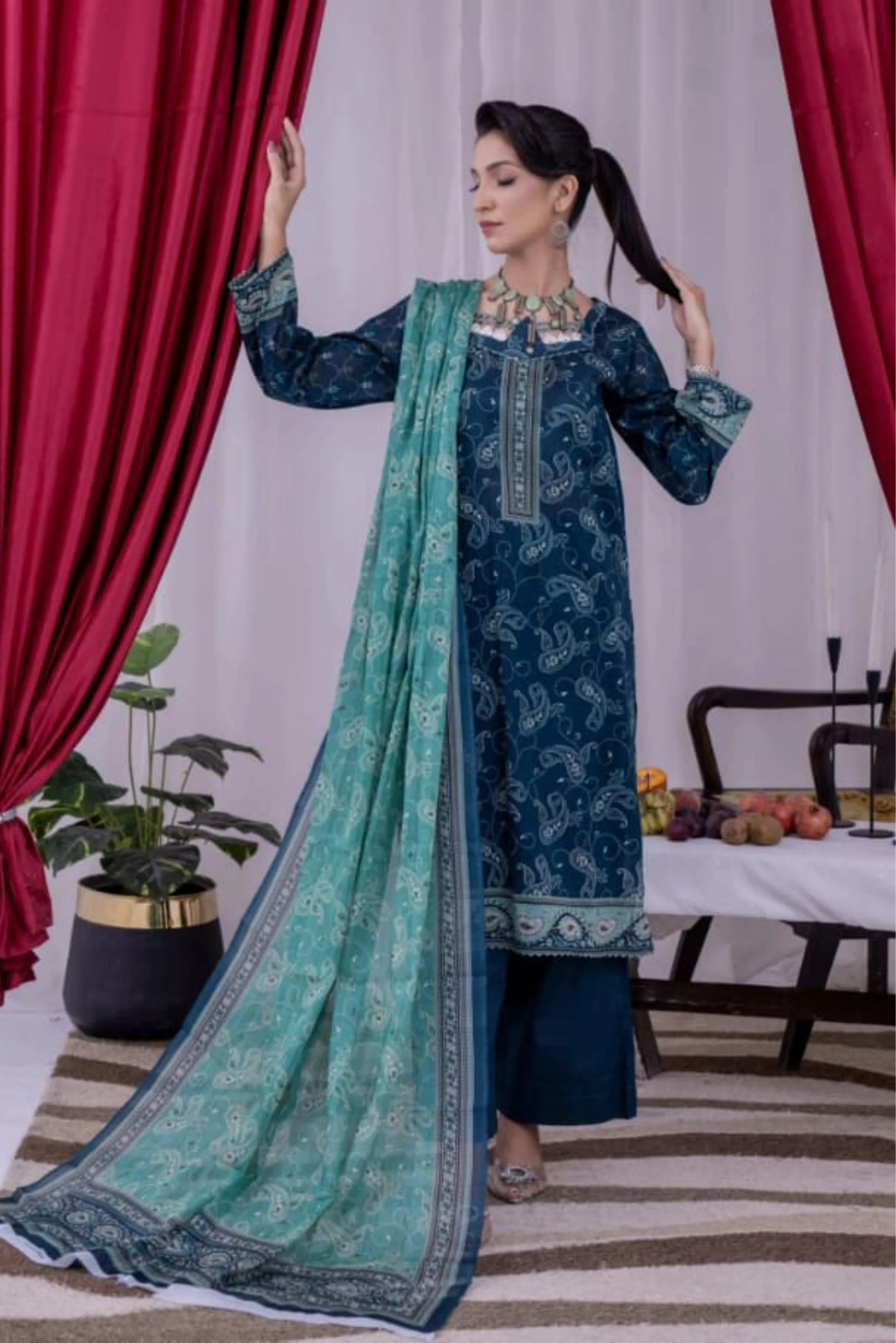 3 Piece - Arfa Unstitched Navy Ladies Transliminor Magic Print Lawn Suit