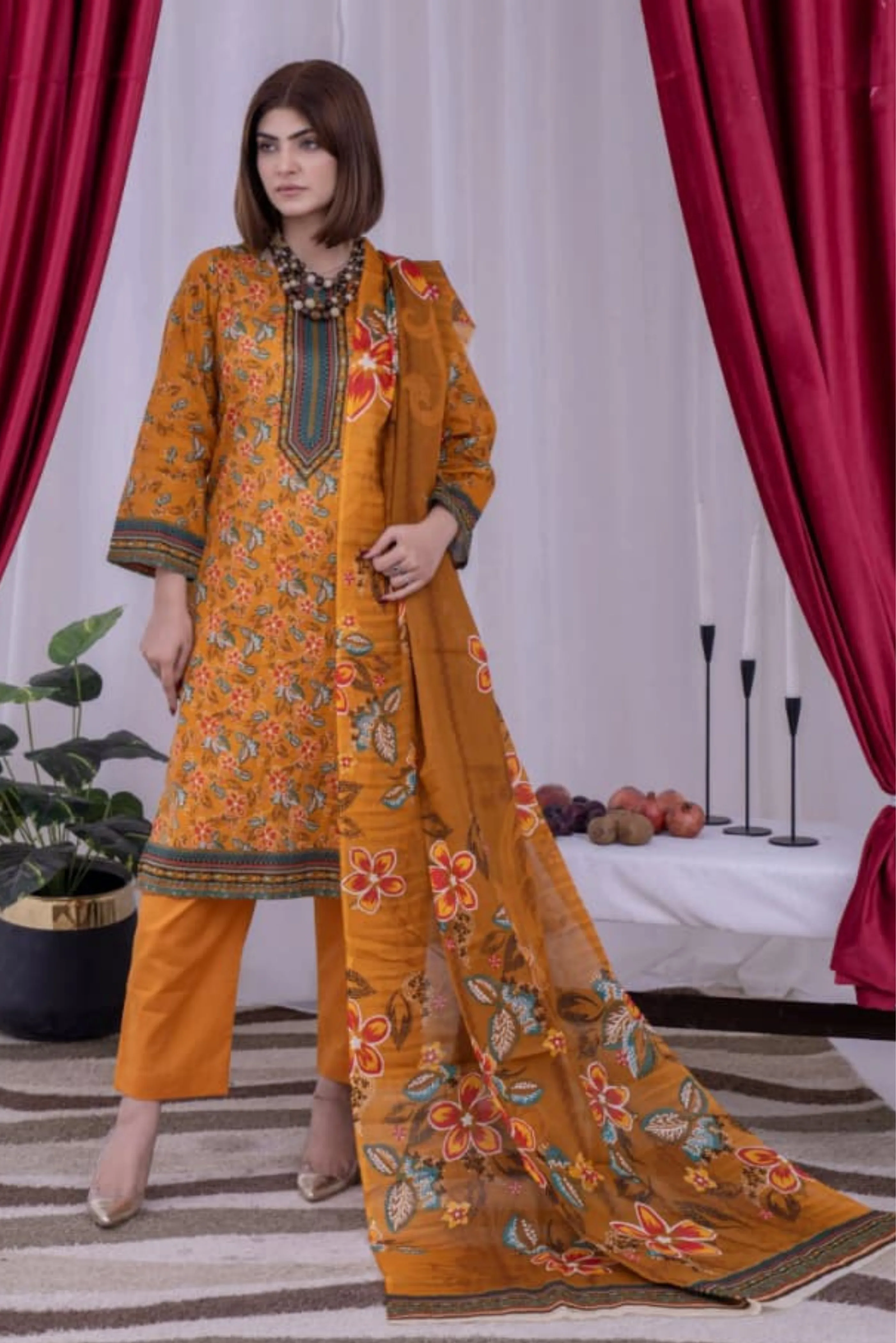 3 Piece - Arfa Unstitched Olive Yellow Ladies Transliminor Magic Print Lawn Suit