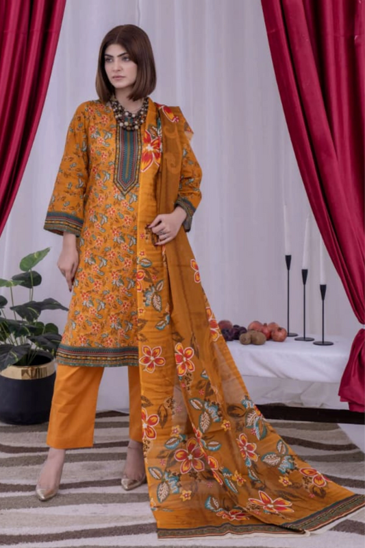 3 Piece - Arfa Unstitched Olive Yellow Ladies Transliminor Magic Print Lawn Suit