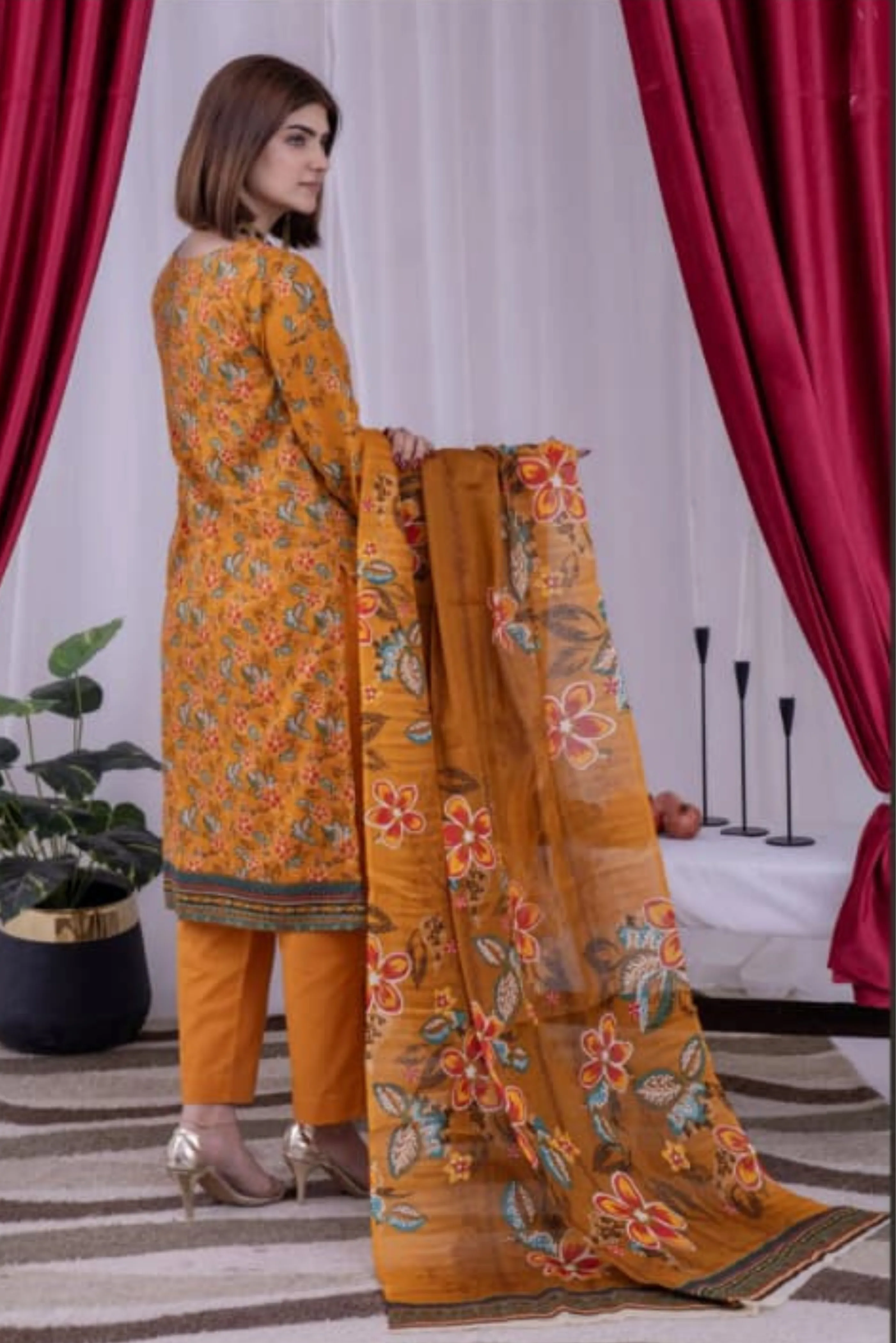 3 Piece - Arfa Unstitched Olive Yellow Ladies Transliminor Magic Print Lawn Suit