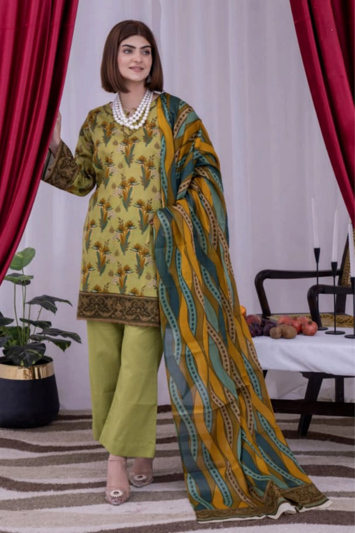 3 Piece - Arfa Unstitched Peach Yellow Ladies Transliminor Magic Print Lawn Suit