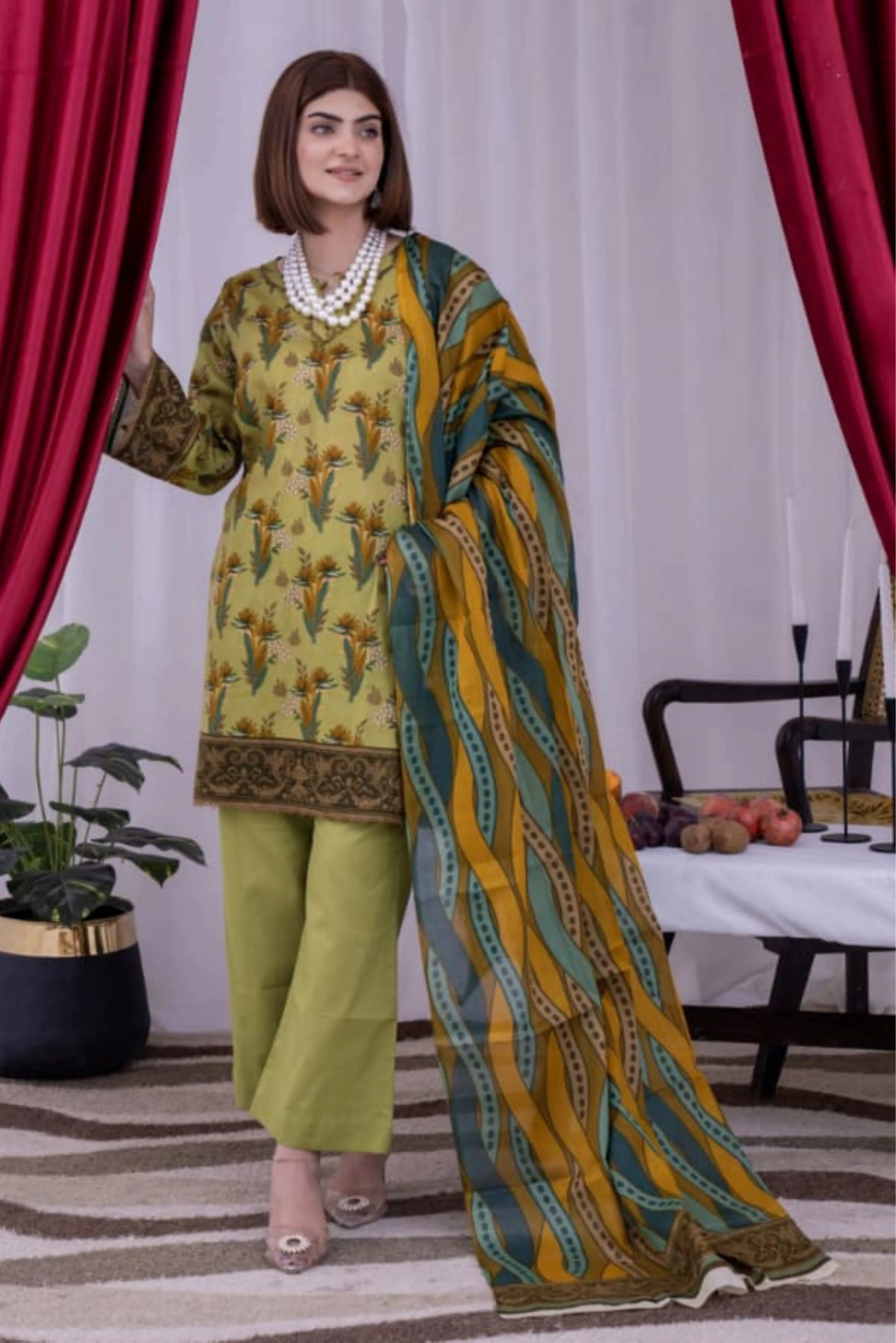 3 Piece - Arfa Unstitched Peach Yellow Ladies Transliminor Magic Print Lawn Suit